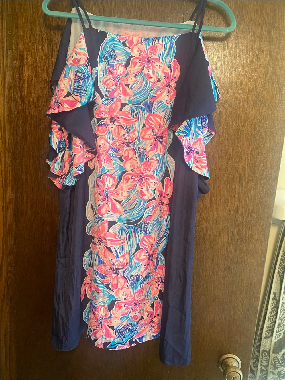 Lilly Pulitzer Cold-Shoulder Floral Shift Dress in Navy and Pink
